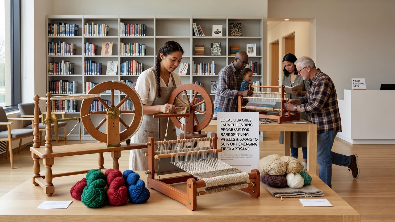 Fiber artist working on a loaned floor loom inside a public library makerspace